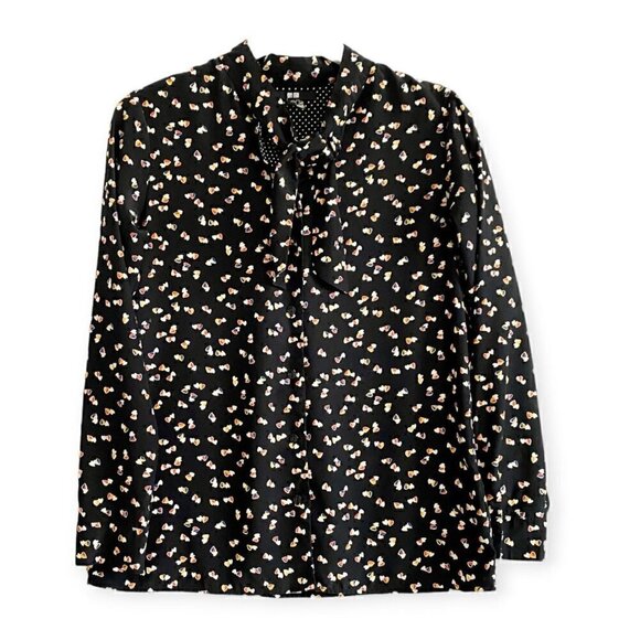 Uniqlo Black Heart print tie neck blouse, size XS - Picture 1 of 10